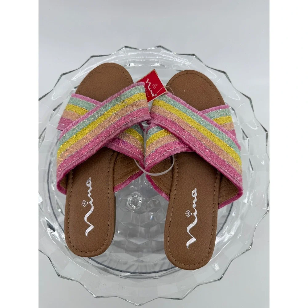 Nina Kids Rainbow Glitter Fringe Slide Sandals Pink Multi K200265 Size 4M NEW